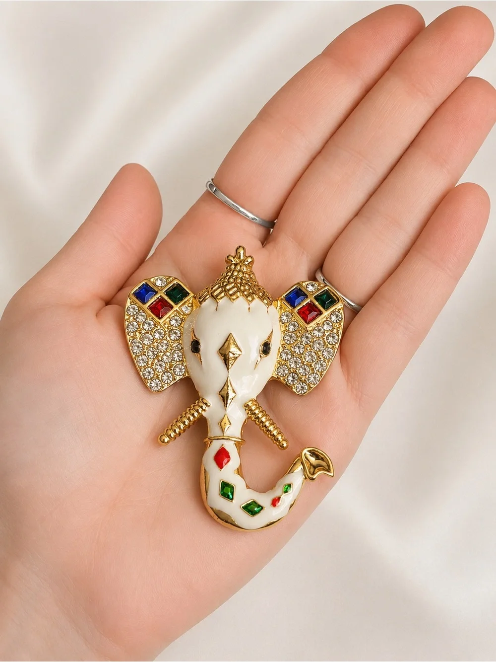 Gold Elephant Brooch with White Enamel and Multicolor Accents